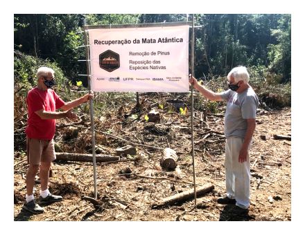 Gary and Rogerio putting up the sign for the RainForest recuperation Project at the Walker Family Nature Sanctuary in Piraquara, PR, Brazil